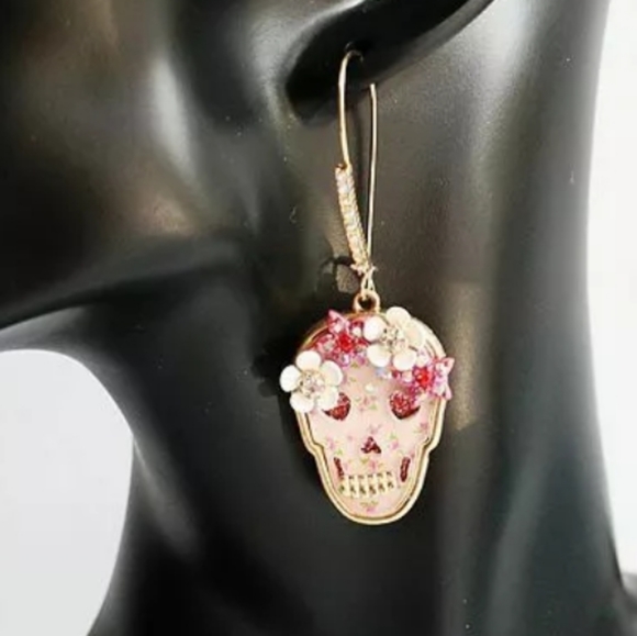 Crystal Accent Pink Floral Skull Drop Earrings - Picture 3 of 6